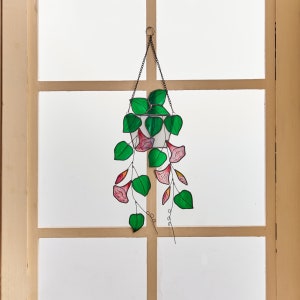 Pink Morning Glory Stained Glass Suncatcher: Boho Window Decor