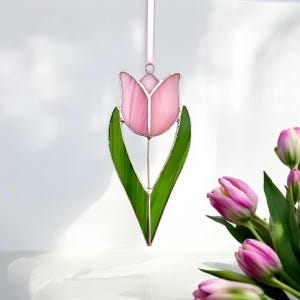 Stained Glass Pink Tulip Suncatcher, Hanging Flower Decoration