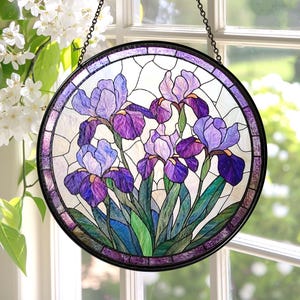 Purple Irises Stained Glass Suncatcher, Iris February Birth Month Flower Window Hanging, Flower Lovers Gift, Iris Suncatcher Yard Decor