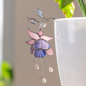 Flower stained glass suncatcher - Unique holiday gift - Fuchsia plant stakes - Flower pot crystal suncatcher - Garden ornament birthday gift