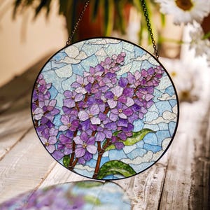 Purple lilac flowers stained glass suncatcher window decor gift for flower lover