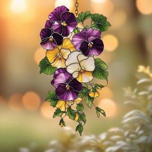 Pansy Flower Acrylic Suncatcher Faux Stained Glass Window Hanging with Yellow, Purple and White Petals Gift for Gardeners and Floral Decor