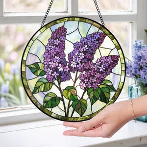 Purple Lilac Stained Glass Suncatcher: Floral Window Hanging