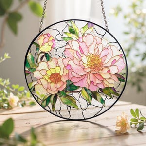 Peony Flower Stained Glass Suncatcher/Peony Window Hanging/Peony Gifts for Mom/Unique Botanical Art Window Hanging/Nature Inspired Art