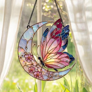 Celestial Butterfly Acrylic Suncatcher, Faux Stained Glass Pink Floral Moon Window Hanging for Fairycore, Cottagecore Decor, Nature Lovers