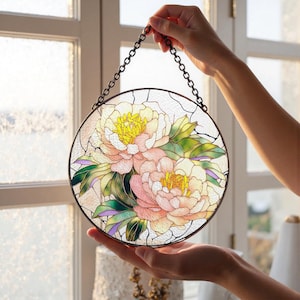 Pink Peony Stained Glass Suncatcher/Flower Suncatcher for Hanging Decor/Peony Birthday Gifts for Women Mom Gift Ideas/ Gardening Lover Gift