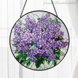 Purple Lilac Flowers Glass Suncatcher, Lilac Floral Suncatcher, Spring Window Hanging Gift For Mom Grandma, Nature Lover Gift, Kitchen Decor