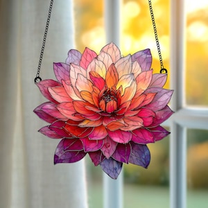 Dahlia Bloom Acrylic Window Hanging, Rainbow Pink Faux Stained Glass Suncatcher Gift For Garden Lover, Flower Gift for Her, Indoor Decor