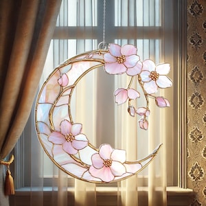 Sakura Moon Acrylic Suncatcher, Cherry Blossom Window Hanging, Gift For Flower Lovers, Gift For Her, Elegant Pink Floral Room Decor Accent