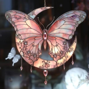 Pink Butterfly Moon Acrylic Suncatcher, Faux Stained Glass Celestial Window Hanging
