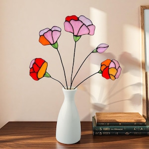 Handmade Stained Glass Carnation Bouquet, Mother's Day Gift, Floral Sun Catcher, Vase Decor, Pink Red Orange Glass Flowers for Window
