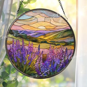 Lavender Field Stained Glass Suncatcher, Round Sunset Landscape Window Panel, Purple Flower Nature Art Gift for Home Decor