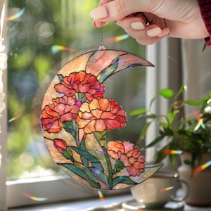 Crescent Moon Carnation Acrylic Suncatcher, Stained Glass Style Pink Orange Floral Window Hanging, Elegant Flower Home Decor Gift
