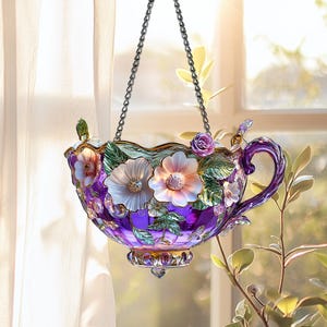 Floral Teacup Suncatcher, Purple Flower Window Hanging