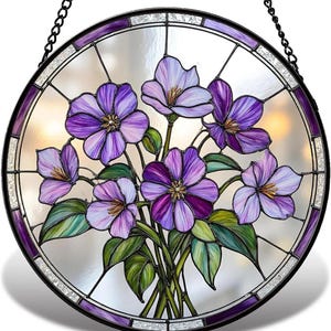 Violet Flower Stained Glass Suncatcher, Floral Window Hanging Decor, Purple Flower Home Decoration