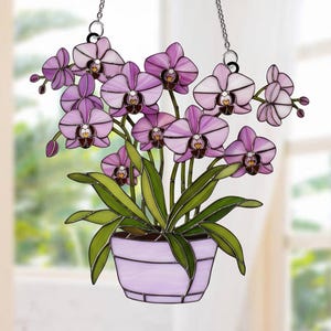 Purple Orchid Suncatcher, Acrylic Stained Glass Look, Window Art Decor, Flower Lover Gift
